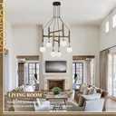 Farmhouse L28 '' Wooden Chandeliers with Milk Glass Globes Lampshades, Rustic Unique Mid Century Long 6-Light Pendant Chandelier Lighting for Living Dining Room Entryway Foyer Bedroom Kitchen,G9