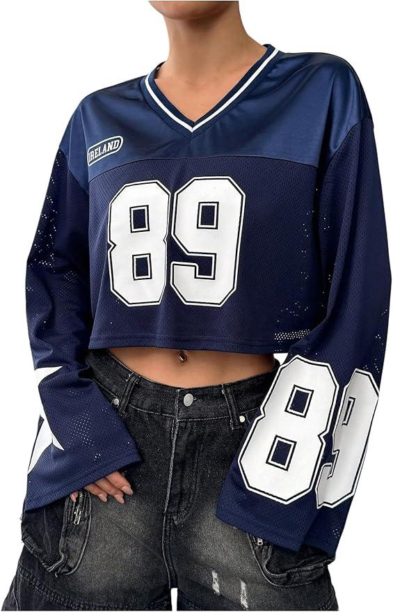 Milumia Women's Y2k Long Sleeve Crop Tops Football Jersey V Neck Graphic Tee XSmall