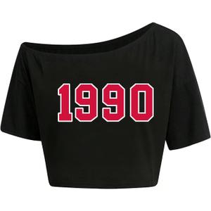 Hilinker Womens Graphic Off Shoulder Crop Tops Asymmetrical Short Sleeve T Shirt Loose Casual Tee Black 1990 (Black, XL)