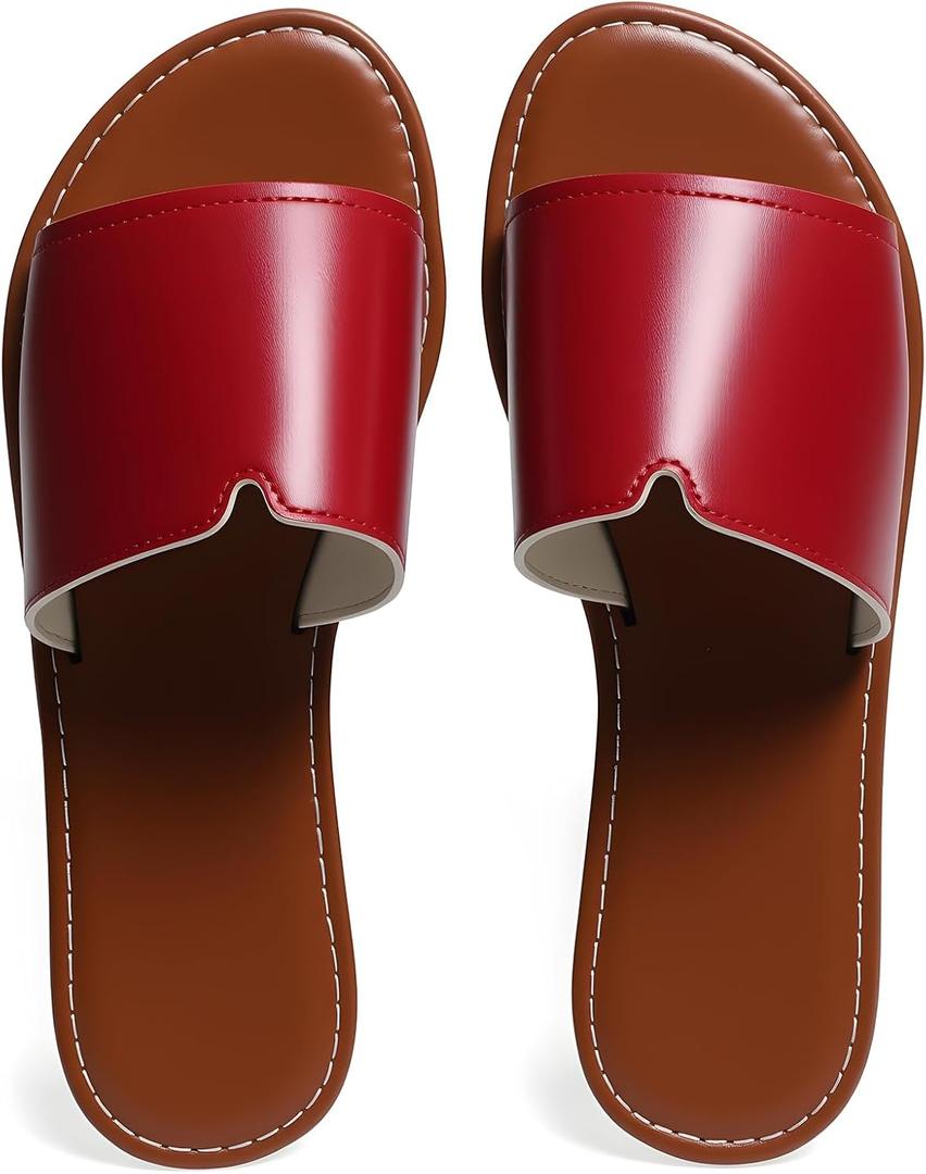 Women's Slip-On Flat Sandals, Dressy & Casual Round-Toe Slides for Beach, Travel & Everyday, Size 38