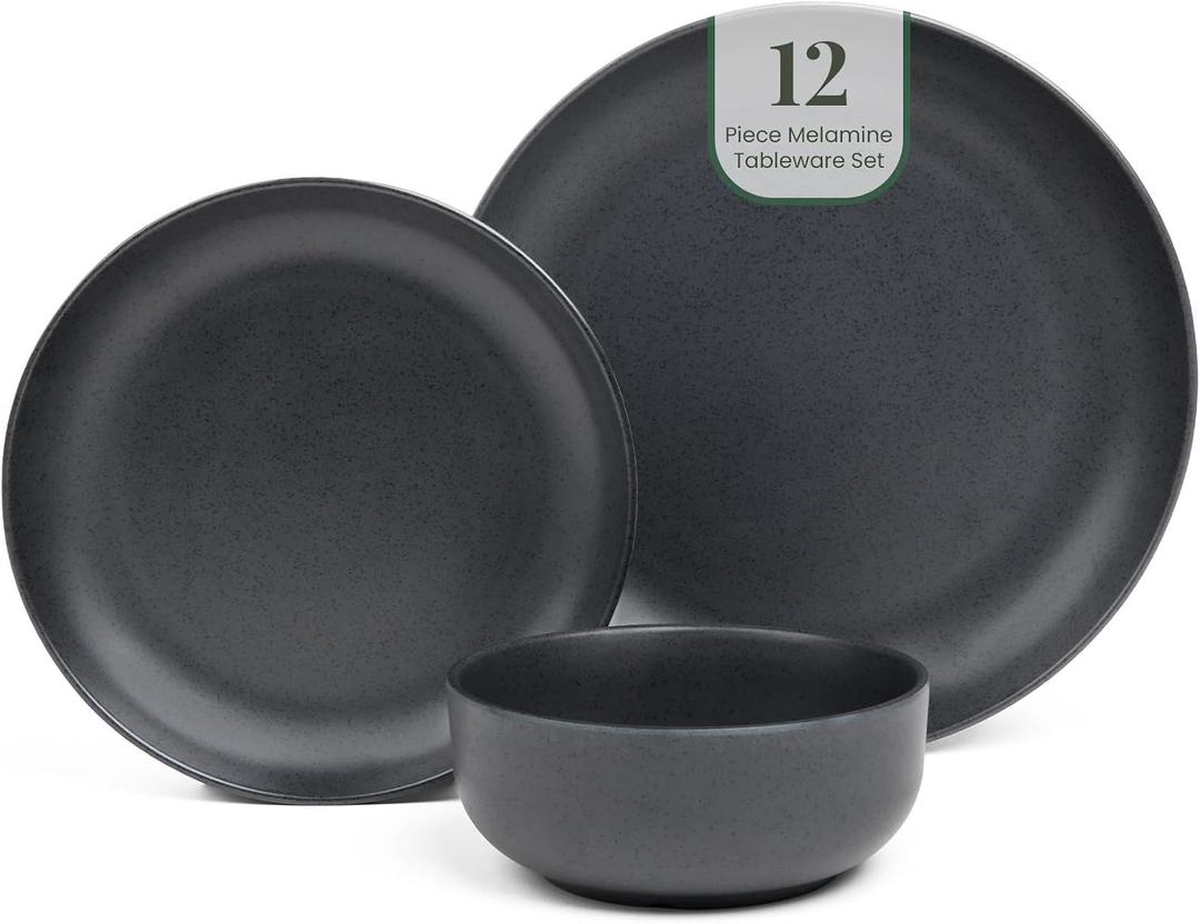 Larder & Vine 12-Piece Melamine Dinnerware Set: Durable, Lightweight, Break-Resistant Plates & Bowls Stylish, Non-Toxic, Dishwasher Safe Ideal for Everyday Use, Indoor & Outdoor Dining Black