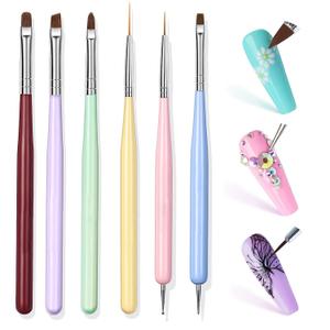 6PCS Nail Art Brushes Set - Professional Nail Design Kit with Gel Polish Brush, Liner, Dotting Tools & Dual-Ended Brushes for Acrylics, French Tips, DIY Manicure Gifts for Beginners/Artists