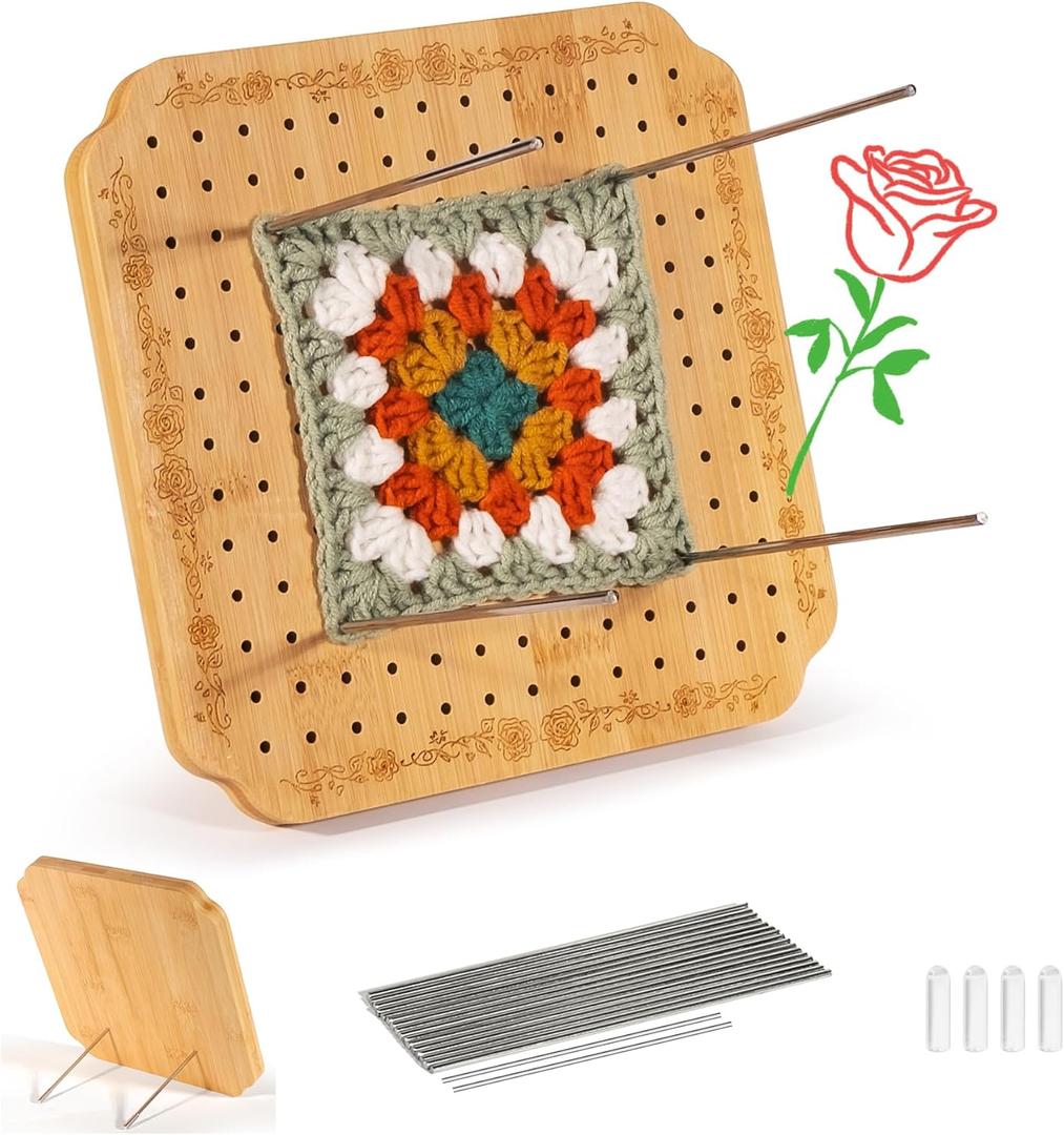 CraftyManor 7.6 in Blocking Boards for Crochet Projects with Rose Pattern, Crochet Blocking Board with Pegs, Granny Square Blocking Board with 20 Stainless Steel Pegs, Bamboo