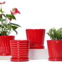 Ton Sin Plant Pots, 6 Inch Flower Pots for Plants,Ceramic Planter with Drainage Holes,Indoor Planter Pots with Saucer,Outdoor Garden Pots (Red, 4 Pack)