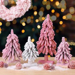 Soulchen 4 Pcs Mini Pink Christmas Tree Snow Tabletop Tree Decor 3 Size Flocked Mini Tabletop Pine Trees with Wooden Base Pastel Pink White Artificial Desk Decor Xmas Winter Holiday Party Decorations