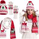 hoyuwak Knitted Hat Scarf Glove Set for Women, Pom Pom Beanie Warm Gloves Winter Scarf Winter Set for Christmas Cold Weather, White, Red