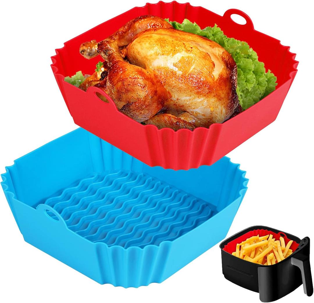 2 PCS Square Silicone Air Fryer Liners - 8 Inch Reusable Air Fryer Pot - Air Fryer Accessories - Air Fryer Inserts for 4 to 7 QT Oven Microwave Accessories (Red + Blue)