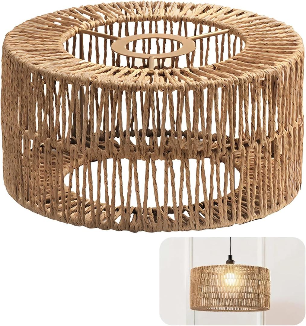 Rattan Lamp Shade,Small Bohemian Wicker Woven Rattan Cylinder Lampshade, Bamboo Paper Handwoven Lamp Cover for Living Rooms,Cafes,Restaurants,Tea Rooms, Easy Installation(9.1 X 9.1 X 3.9 IN)