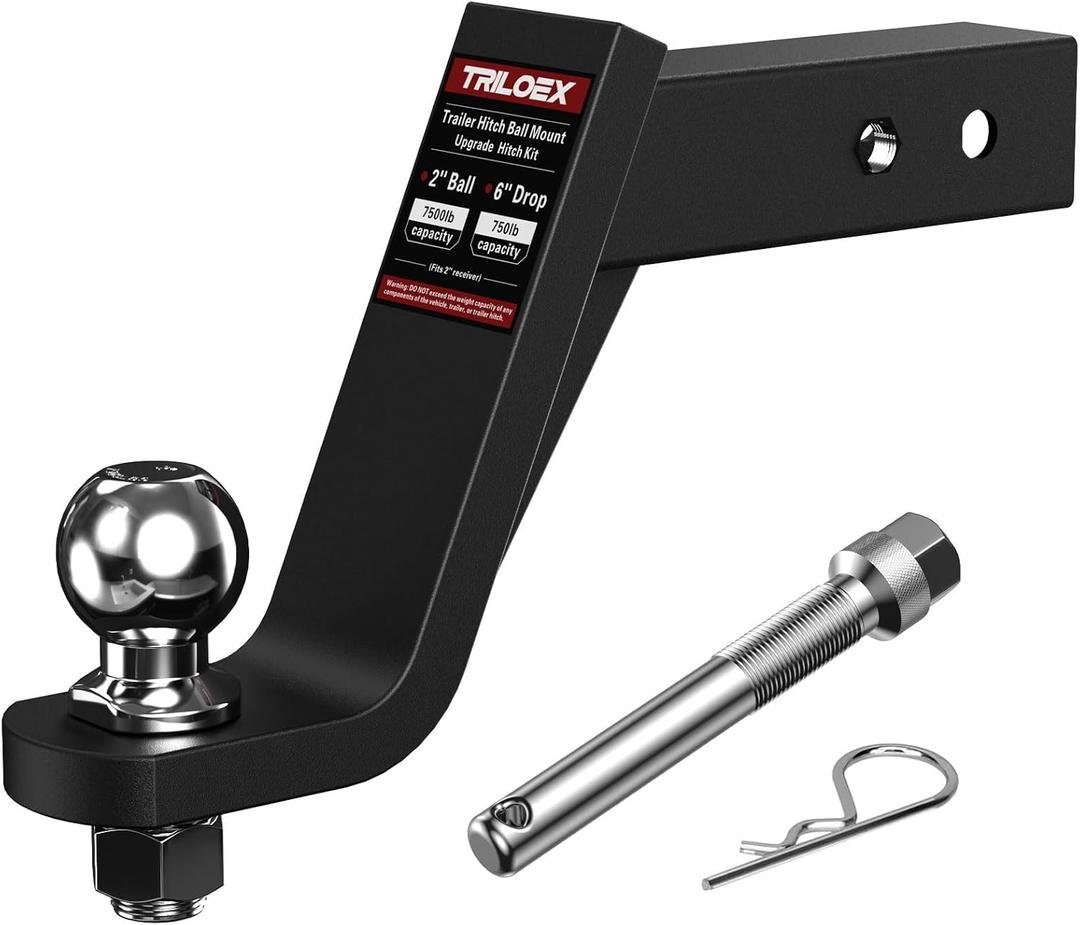 Trailer Hitch Mount with 2-Inch Ball, Fits 2-in Receiver, 6" Drop, 7,500 lbs, Includes 5/8 Screw-in Hitch Pin