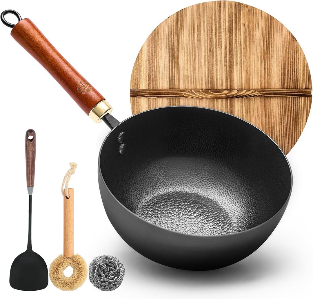 WANGYUANJI Carbon Steel Wok with Lid, 8.7" Small Mini Wok Pan, Thickened Heavy Duty Flat Bottom for Deep Frying, Camping & Solo Meals, Induction Ready, Seasoning Required, Traditional Pow Skillet