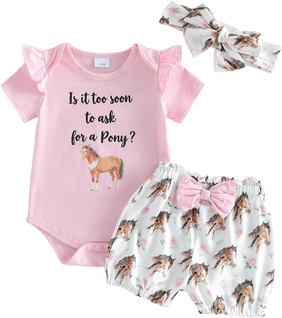 Newborn Baby Girl Western Outfits Cowgirl Summer Clothes Short Sleeve Letters Romper Boots Horse Shorts Headband (0-3 Months, Pink)