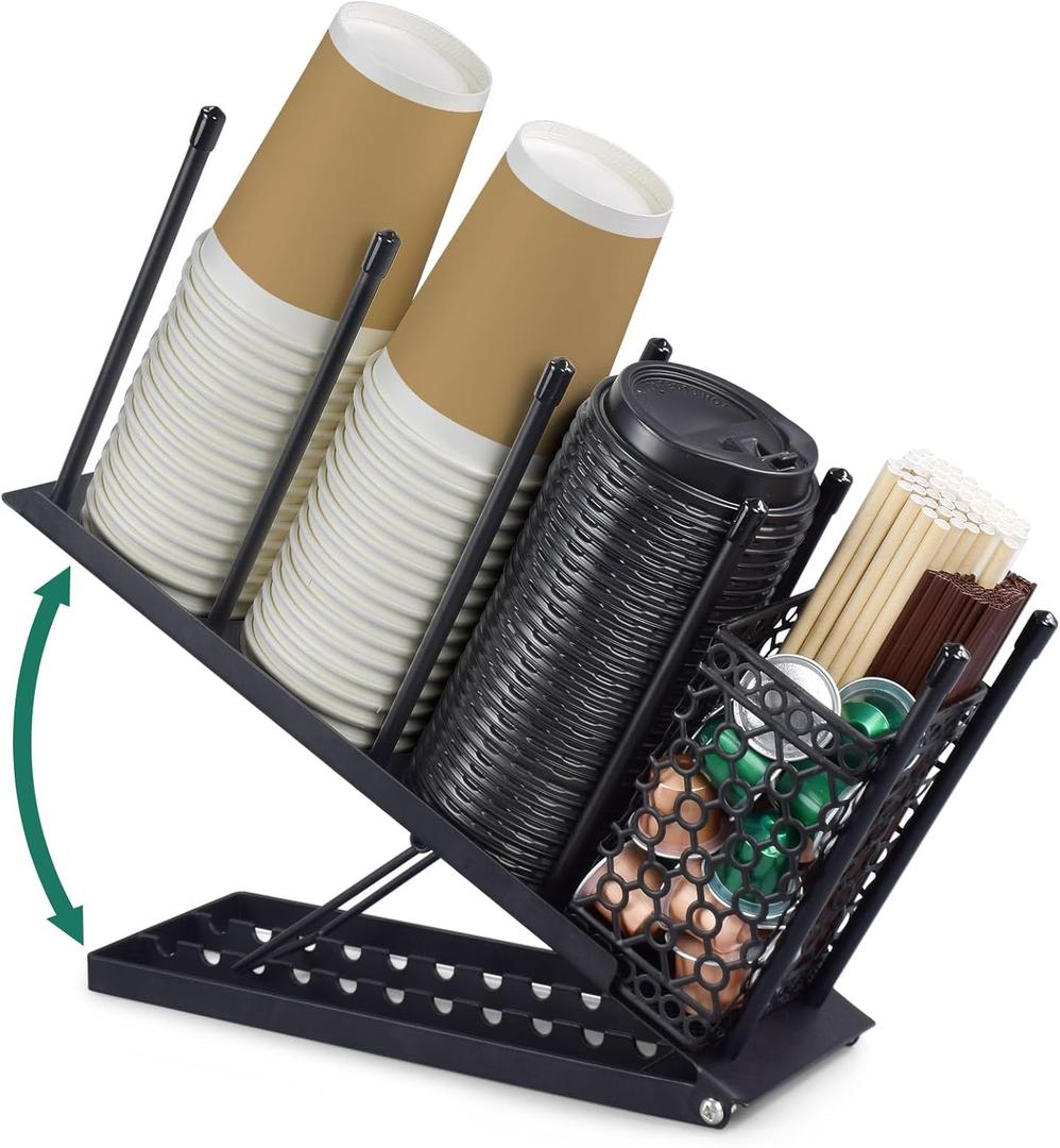 Cup and Lid Holder, Adjustable Coffee Cup Holder Organizer, 4 Compartment Disposable Cup Dispenser with Mesh Baske for Coffee Bar Accessories, Disposable Paper Cups, Plastic Cups, Lids