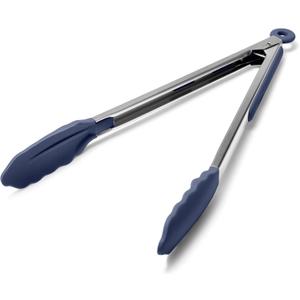 Doosu Kitchen Tongs for Cooking - 600F Heat Resistant Food Tong with Non-Scratch Silicone Tips, Heavy Duty Stainless Steel Locking Tong for BBQ, Grilling Steak, Serving Salad Pasta (12in, Navy Blue)