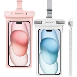 wellhouse Waterproof Phone Pouch, Waterproof Phone Case for iPhone 16 15 14 13 12 Pro Max XS Samsung, IPX8 3D Cellphone Dry Bag Beach Essentials (2 Pack -Pink & White7.0, 7 inch)