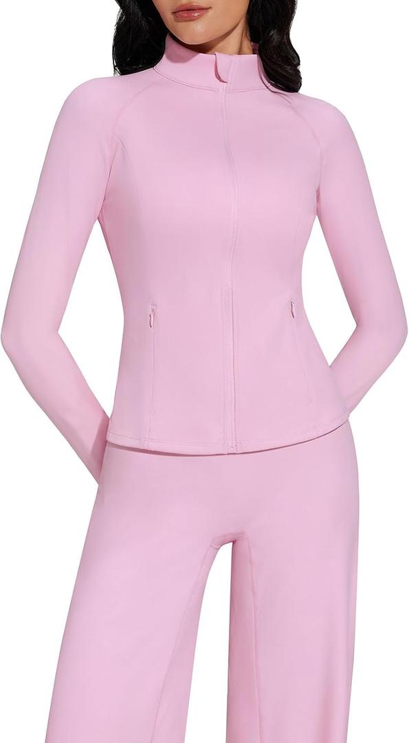 SUUKSESS Women 2 Piece Workout Sets Zip Up Jackets High Waisted Wide Leg Yoga Pants (Pink, S)