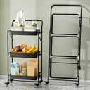 JAQ No Assembly Foldable Rolling Cart, 3 Tier Black Metal Folding Utility Cart with Handle, Heavy Duty Mobile Storage Organizer on Wheels for Office, Garage, Tools & Kitchen (Black)