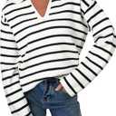 EVALESS Sweaters for Women Long Sleeve V Neck Striped Knit Drop Shoulder Fall Jumper 2025 Henley Pullover (Large)