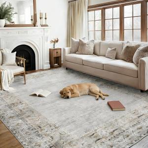 GarveeHome 5x7 Washable Low Pile Area Rugs for Living Room Vintage Border Stain Resistant Boho Dining Room Carpet with Rubber Backing Non Shedding Indoor Rug for Bedroom Kitchen Home Decor, Grey