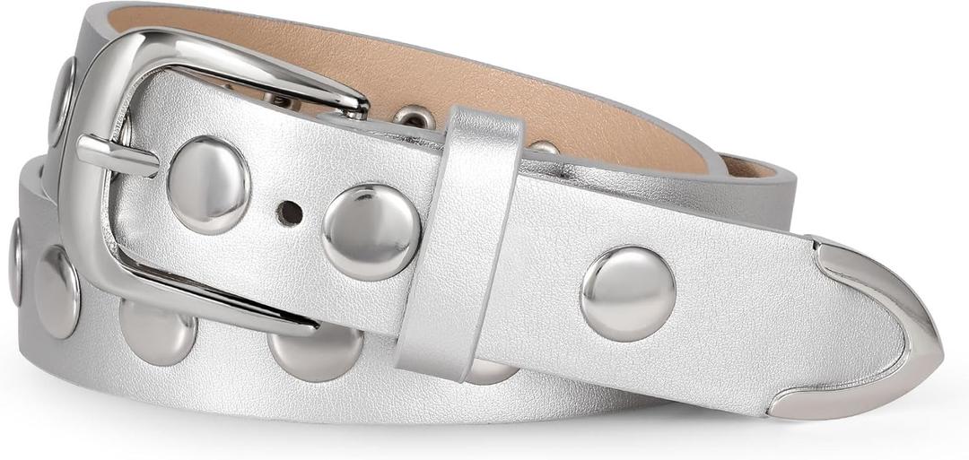 WERFORU Women Fashion Leather Belt Studded Leather Belt Ladies Belts for Jeans Dress Punk Belt (37"-41" Waist Adjustable, Silver)