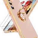 LeYi for Galaxy S23 FE 5G Case: with Tempered Glass Screen Protector [2 Pack] 360 Rotatable Ring Holder Magnetic Kickstand, Plating Rose Gold Edge for Galaxy S23 FE 5G Case, Pink