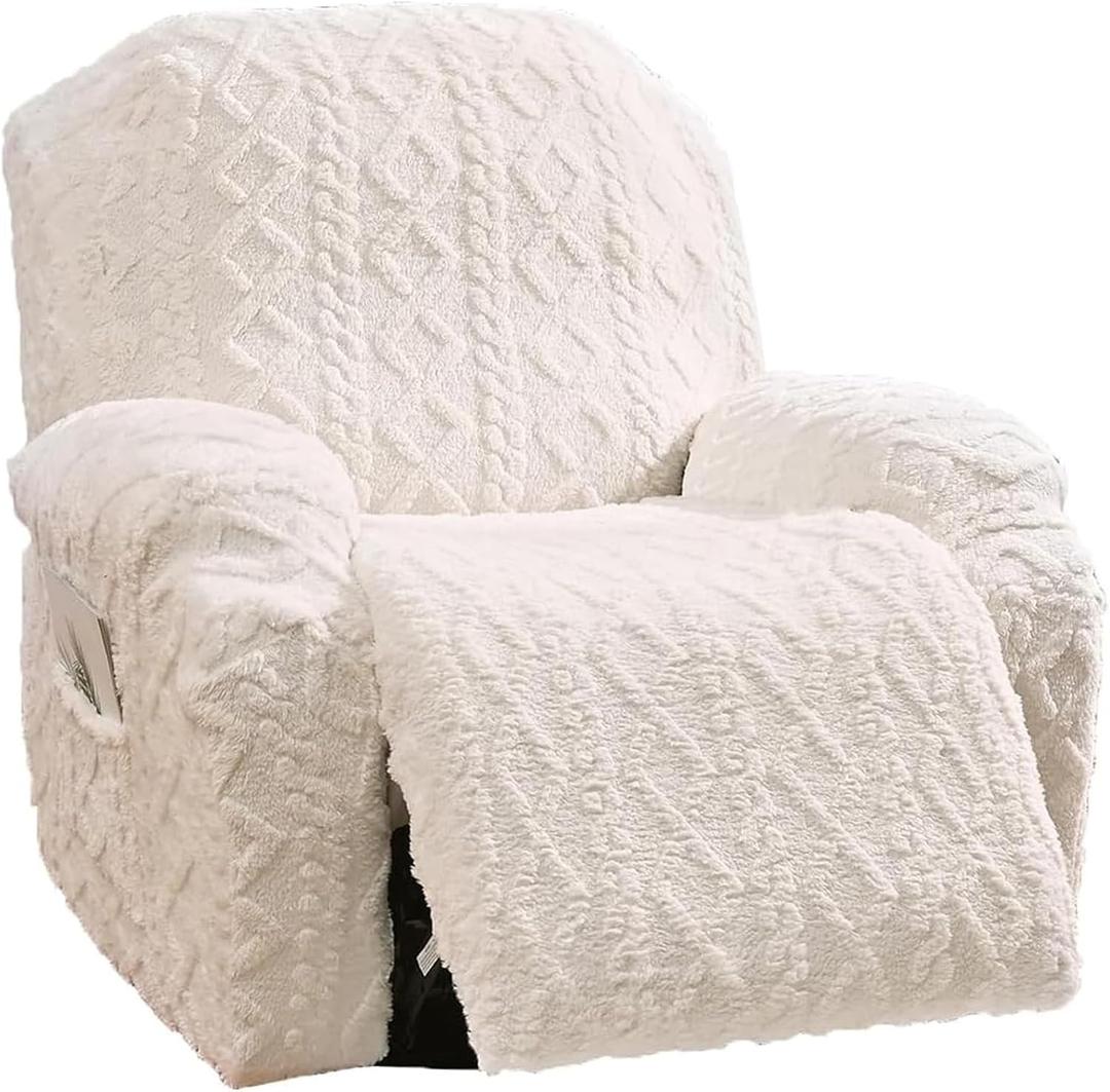 4 Pieces Recliner Chair Covers, Geometric Jacquard Plush Recliner Slipcovers, Couch Sofa Covers, Soft Fuzzy Fluffy Anti-Slip Furniture Protector for Kids Cats Dogs Elastic Bottom (Cream,1 Seat)