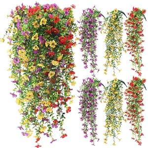 FineCheer 6 Pcs Artificial Hanging Flowers Outdoor Faux Plants Spring Decor Fake Silk Mums Violets with Eucalyptus Realistic UV Resistant Trailing Vines Porch Yard Indoor Wedding Favors
