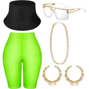 Hip Hop Costume Kit 80s 90s Yoga Pants Jewelry Outfit Christmas Rapper Accessories for Women, One size