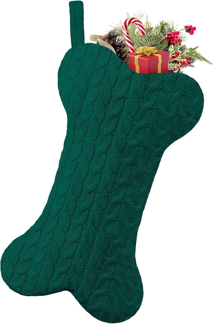 Malier Dog Christmas Stocking, Knit White Christmas Stocking for Dogs, Bone Shape Dog Stocking Christmas Large Pet Stockings Hanging Dog Christmas Stocking for Dogs Cats Pets (Green)