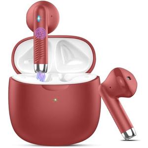 Wireless Earbuds, Bluetooth 5.4 Headphones in Ear with Noise Cancelling Mic, Bluetooth Earbuds Stereo Bass, IP7 Waterproof Sports Earphones, 32H Playtime USB C Charging Ear Buds Red for Android iOS