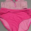 Pink Shell Stitched Trim V Neck Textured Mix and Match High Waist Bikinis, L 