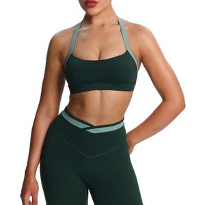 Aoxjox Women's Color Block Halter Workout Sports Bras Fitness Athletic Vanessa Bra Yoga Crop Tank (Forest Green/ Sage Green, Small)