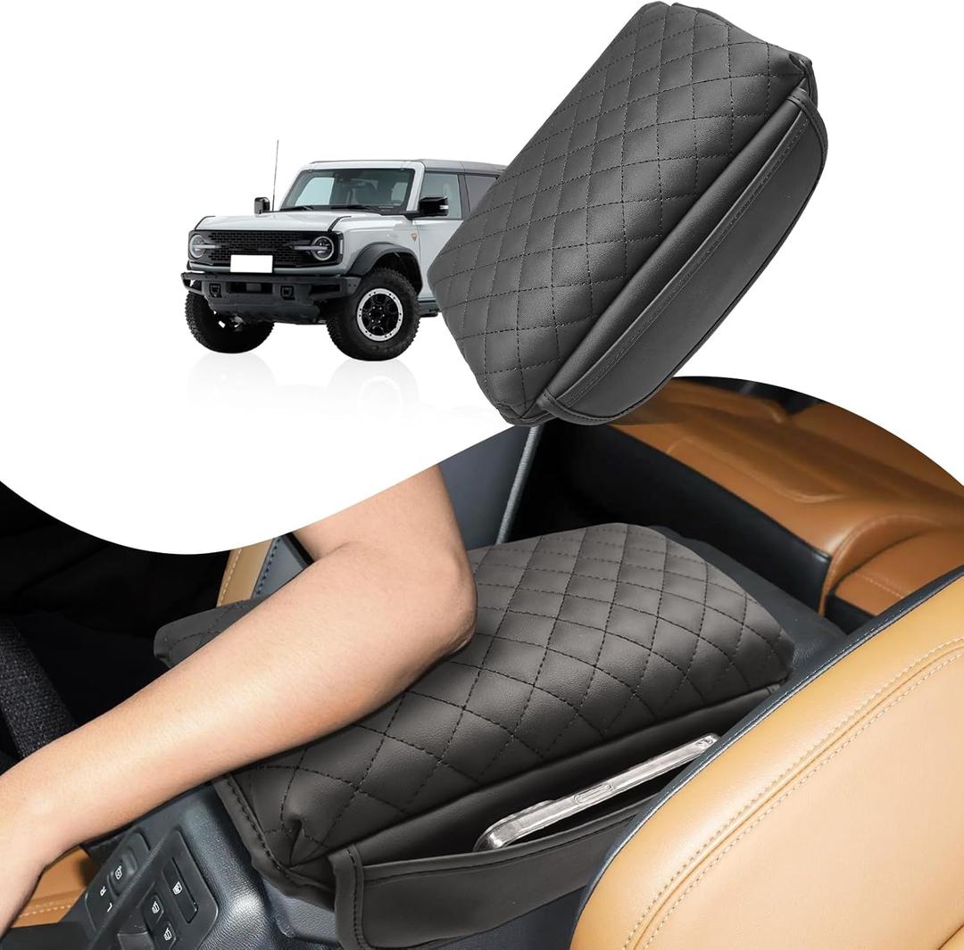 Center Console Armrest Cover Compatible with Ford Bronco 2021-2025 2/4-Door Leather Arm Rest Lid Protector Cushion Pad with Side Pockets Interior Accessories Prevent Scratching Black