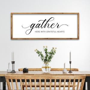 ZZJJHYWGQ Gather Here With Grateful Hearts Sign Rustic Farmhouse Wall Art 32"12" For Dining Room kitchen Family Gathering Thanksgiving Decor Minimalist Large Wooden Framed Hanging Art (Wood)