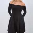 HYPERFIRE Women's Off The Shoulder Long Sleeve Short Dress A Line Pleated Mini Party Dresses (Black, S)