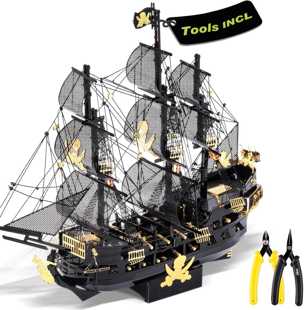 Piececool 3D Metal Puzzles for Adults, Black Pearl Pirate Ship Model Kits with DIY Tools, Watercraft Metal Model Building Kit for Birthday Christmas Gifts