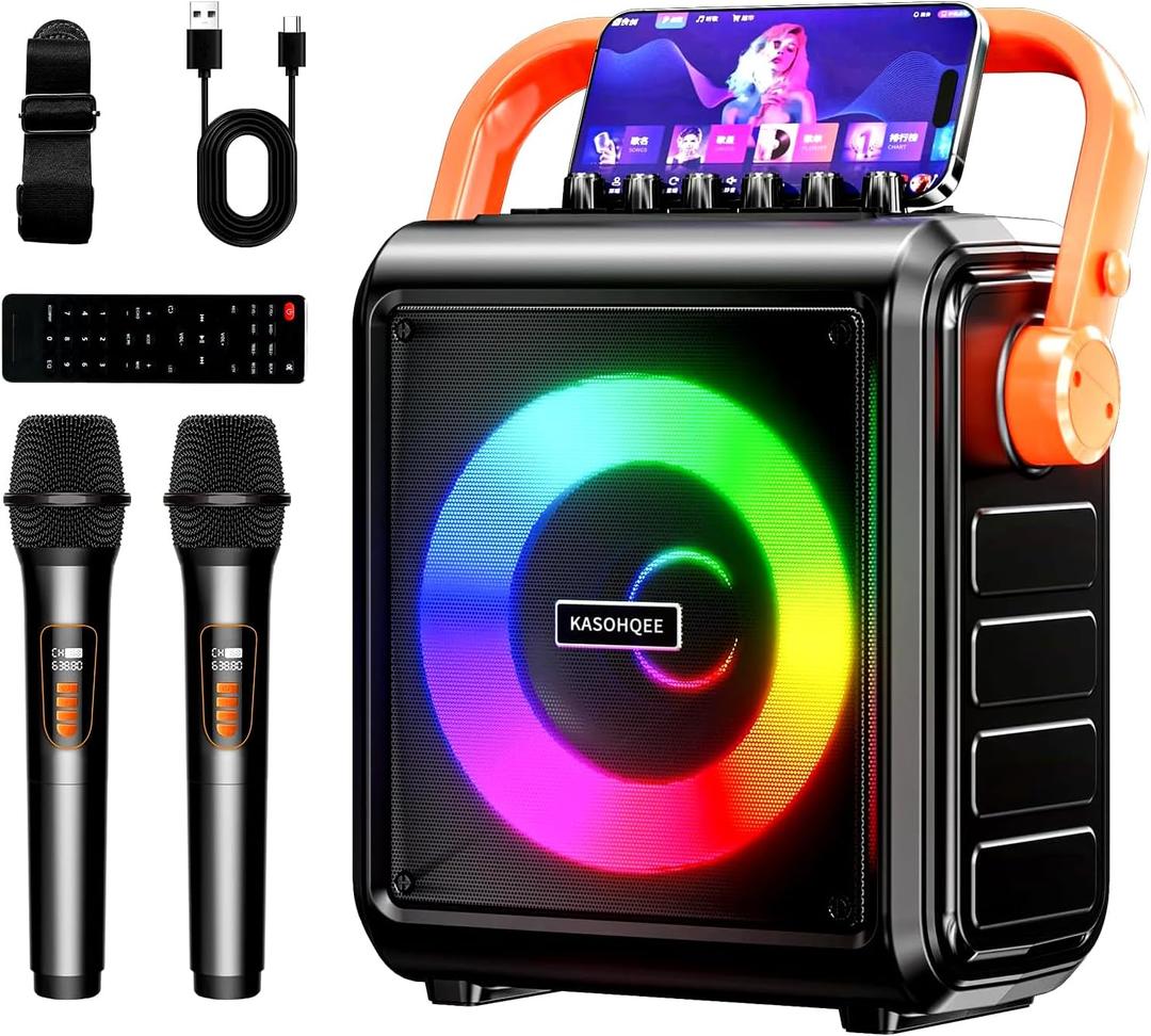 Karaoke Machine,8000mAh Portable Bluetooth Speaker with 2 Wireless Microphones for Adults & Kids,Microphone Speaker Set with Lights,Supports for TF Card/USB, AUX in, FM, REC