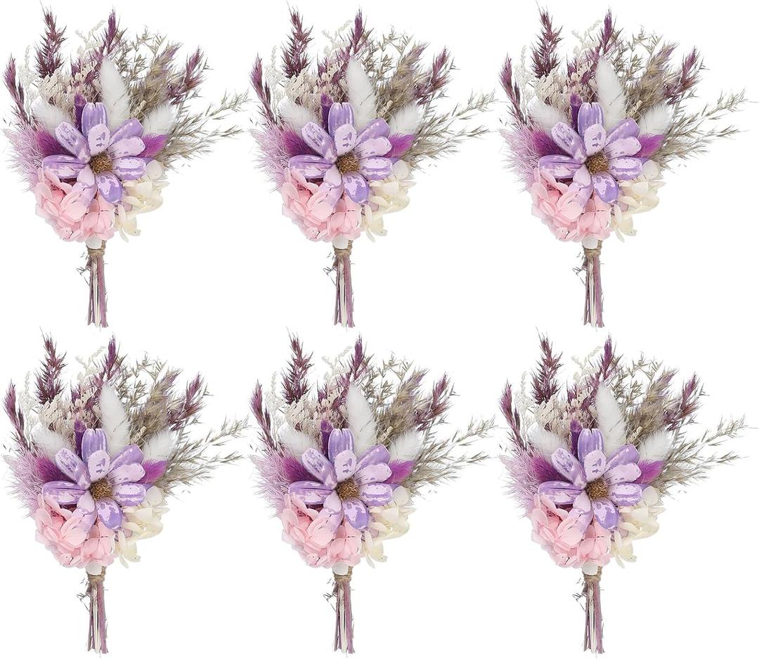 PATIKIL Mini Dried Flower Bouquet, 6 Pcs Pampas Grass Natural Wildflower with Stem Decor Baby's Breath Boho Floral Plant Flower for Crafts DIY Photo Props Gift Wedding Decor, Purple/White