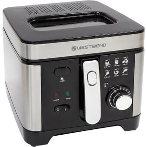 West Bend Deep Fryer with Adjustable Temperature Control Nonstick Basket Easy-View Window and Temperature Guide, Folding Handle and Locking Cover for Easy Storage, 3-Liter, Silver