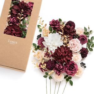 Ling's moment Fake Flowers Box, Faux Artificial Greenery Stems Foam Roses Gardenias Berries Silk Dahlia Fabic Flower for Centerpieces Bouquet Wedding Floral Vase, Marsala & Soft Peach, Deluxe Combo