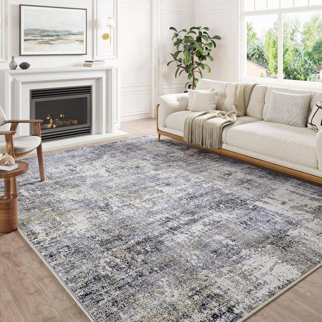 Machine Washable Area Rug 5x7 Grey Large Living Room Indoor Accent Rug Neutral Modern Abstract Low Pile Carpet Non Slip Distressed Throw Rug Bedroom Office Dining Room Kitchen Laundry