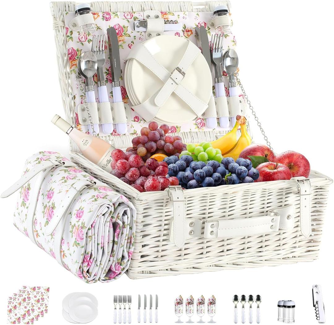 Picnic Basket Set for 4 with Waterproof Blanket Mat Insulation Bag Wicker Pink White Floral Classic Fresh Gift for Christmas Thanksgiving Wedding Birthday Camp Outdoor Beach Travel