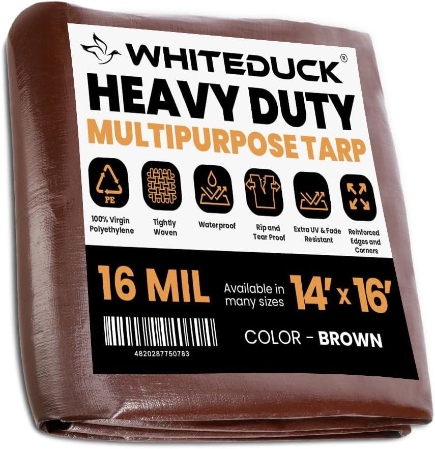 WHITEDUCK Super Heavy Duty Poly Tarp Cover 16 Mil with Grommets and Reinforced Edges (Brown- 16 Mil, 14' x 16')