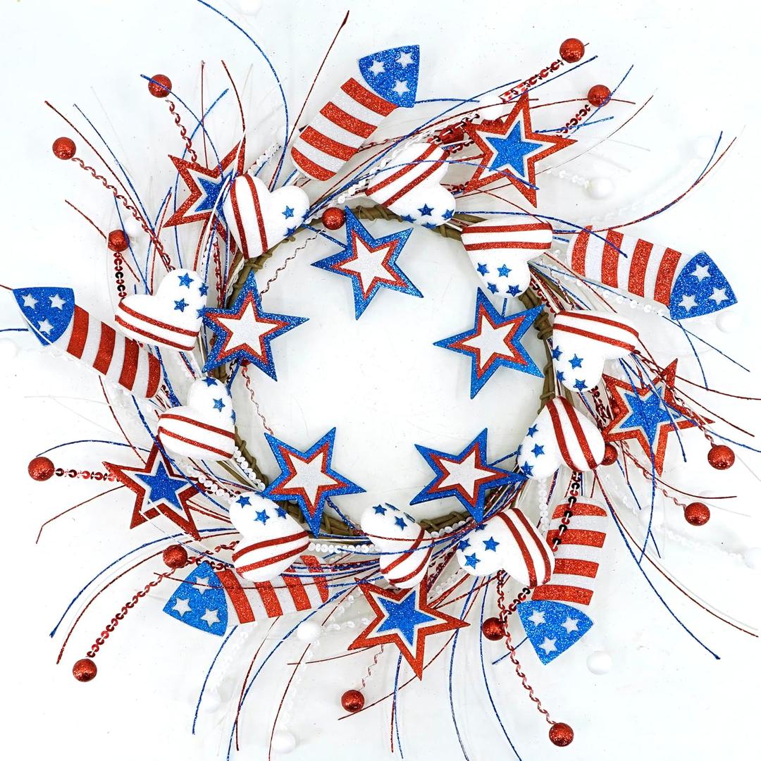 AMF0RESJ 4th of July Wreath Patriotic Wreaths for Front Door with red,White,Blue Glitter Star for Front Door Farmhouse Home Wall Independence Day Decoration
