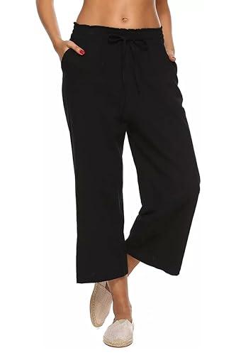 LNX Womens Linen Capri Pants Wide Leg High Waisted Drawstring Casual Cropped Pants with Pockets Black, Large 
