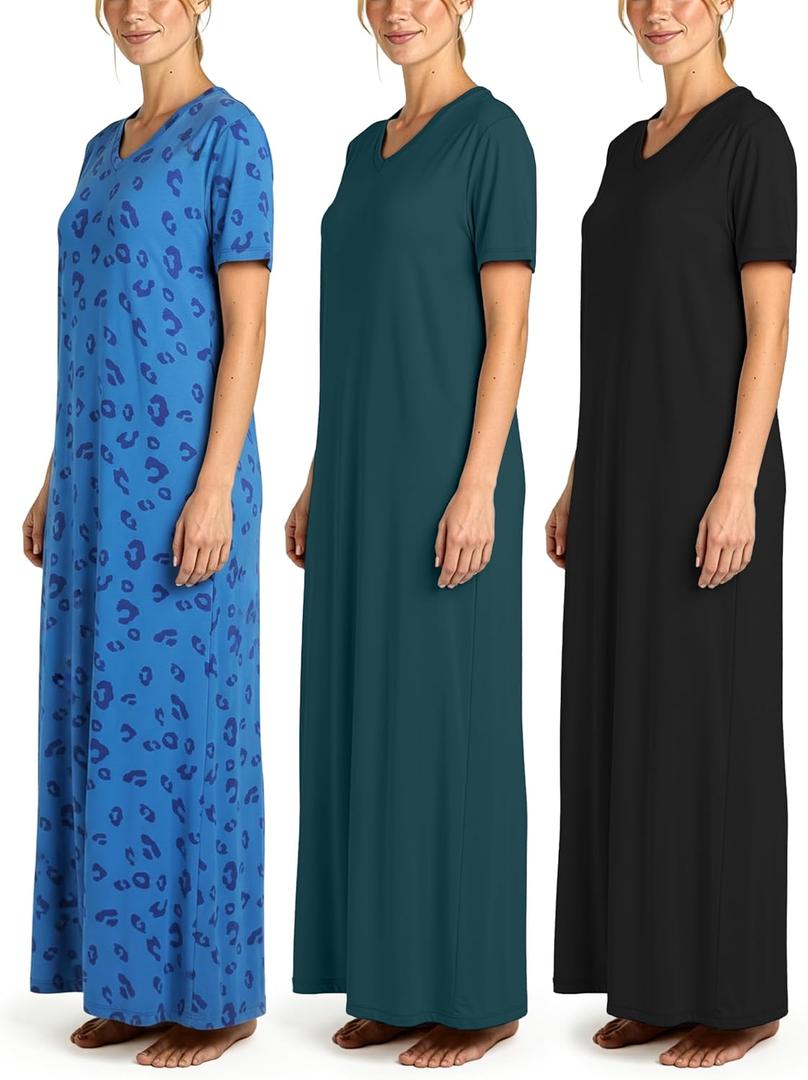 Real Essentials 3 Pack: Women's Soft Maxi Long Nightshirt Short Sleeve Soft Nightgown Sleep Dress (Large)