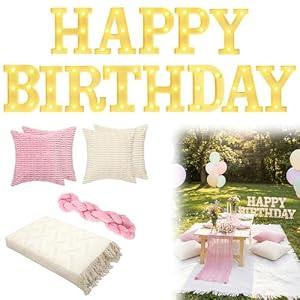 Redbaker Happy Birthday Picnic Ideas Happy Birthday Light up Letters with 91 x 71 Extra Large Boho Blanket Pink Table Runner Decorations for Outdoor Luxury Picnic Tea Party Engagement Anniversary Day