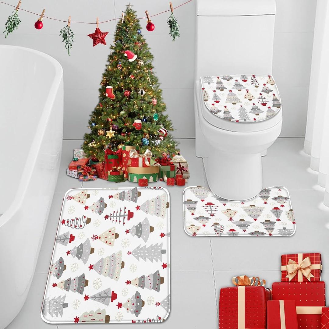 Britimes Tree Gray Red Christmas Bathroom Rug and Mat Set 3 Piece, Winter Pine Holiday Bathroom Rugs Non Slip, Absorbent Microfiber Memory Foam Bath Mat Machine Washable (Xmas 22)