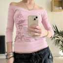 Y2k V Neck Floral Tops Women Fairy Grunge Vintage Long Sleeve Top 2000s Emo Graphic Cute Cloth, M