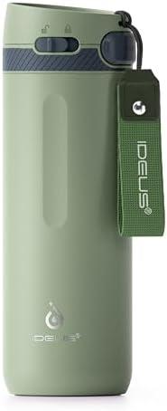 IDEUS Insulated Stainless Steel Water Bottle 17 oz Push Button Lid & Leakproof Travel Mug for Hot/Cold Beverages Fits Most Cup Holder (Green)