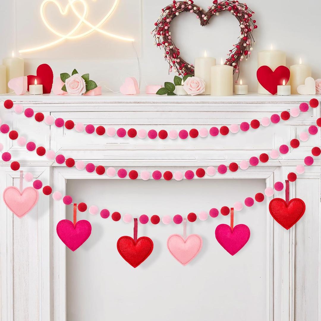 3Pcs Valentines Day Decorations Heart Felt Banner, 9.8FT Galentines Day Decorations Red Pink Pom Pom Garland, Felt Red Heart Hanging Garland for Mantle Fireplace Room Valentine Hanging Decor